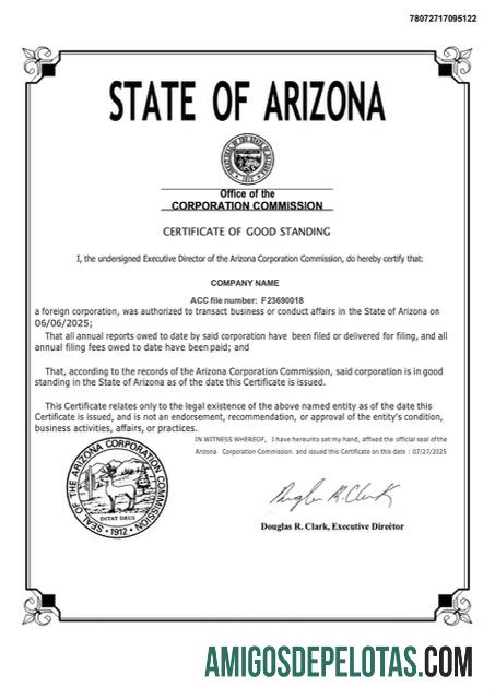 Certificado de boa reputação dos EUA, Arizona, modelo Word e PDF em branco, versão 2